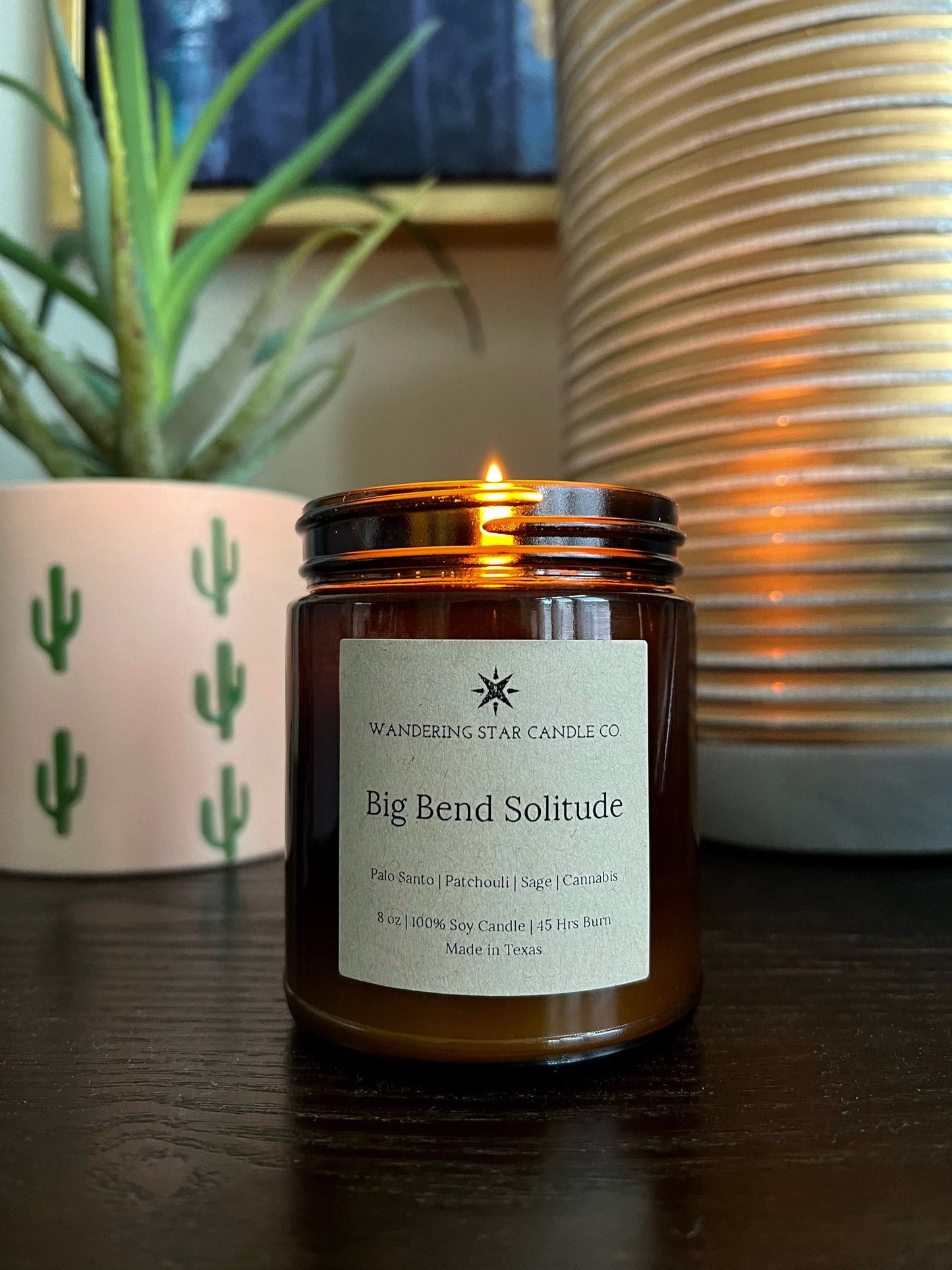 Big Bend Solitude 8oz soy candle, scented like palo santo, patchouli, sage, and cannabis flower, earthy candle, spiritual candle, meditative candle, texas candle, big bend national park