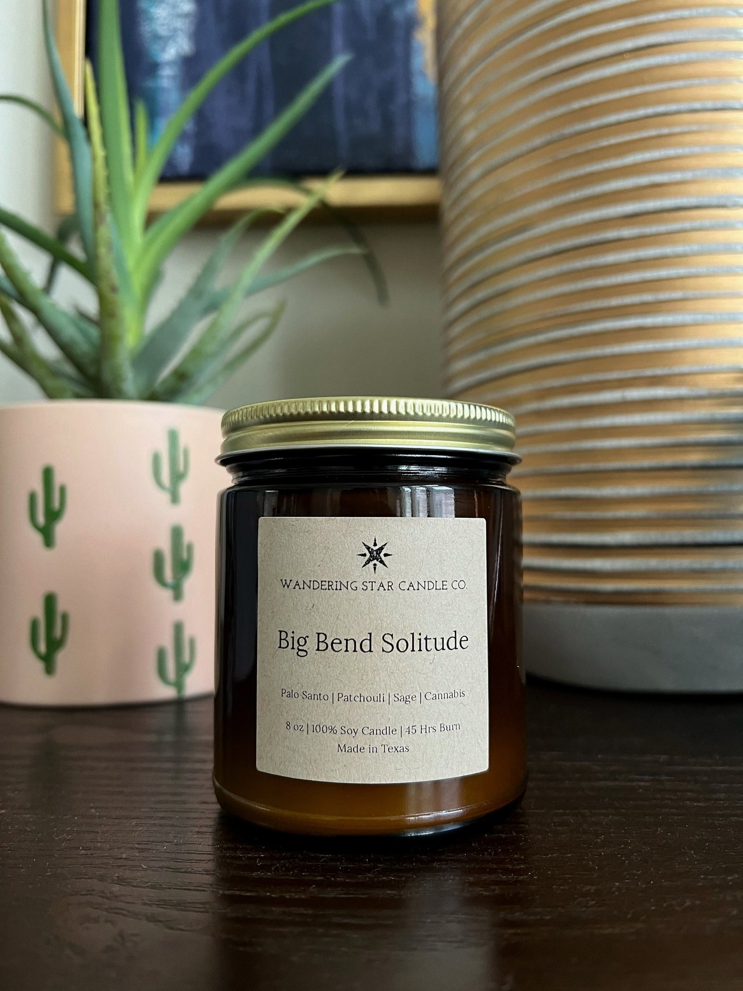 Big Bend Solitude 8oz soy candle, scented like palo santo, patchouli, sage, and cannabis flower, earthy candle, spiritual candle, meditative candle, texas candle, big bend national park