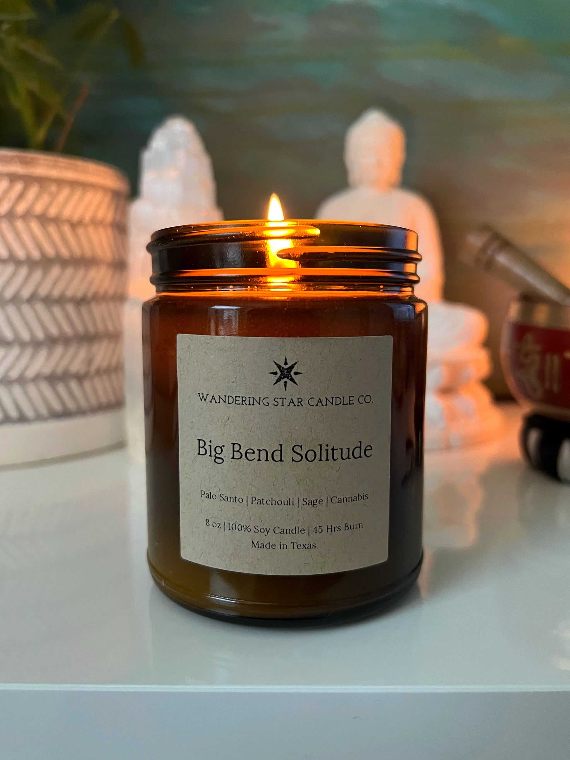 Big Bend Solitude 8oz soy candle, scented like palo santo, patchouli, sage, and cannabis flower, earthy candle, spiritual candle, meditative candle, texas candle, big bend national park