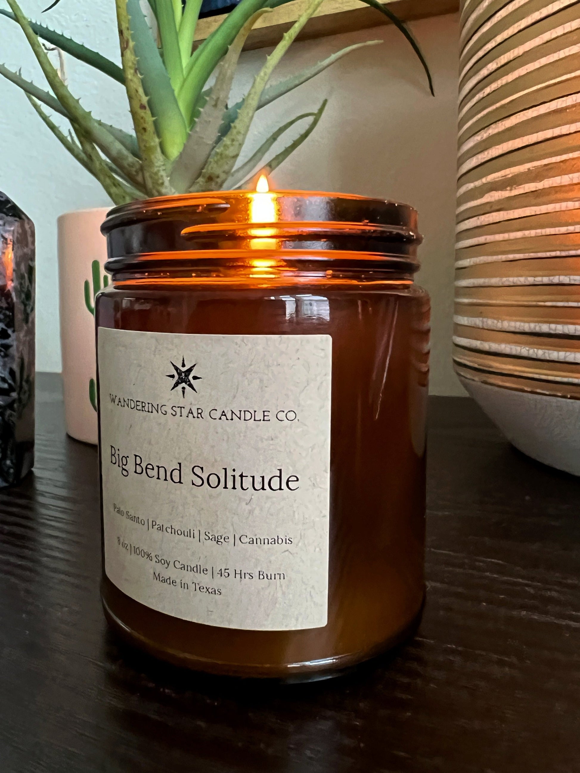 Big Bend Solitude 8oz soy candle, scented like palo santo, patchouli, sage, and cannabis flower, earthy candle, spiritual candle, meditative candle, texas candle, big bend national park